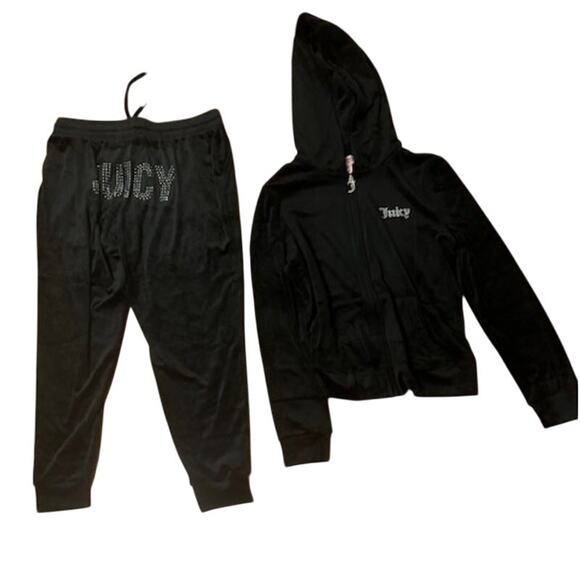 Vintage Y2K Juicy Couture Velour Tracksuit Jacket Jogger Set Black M - Picture 1 of 8